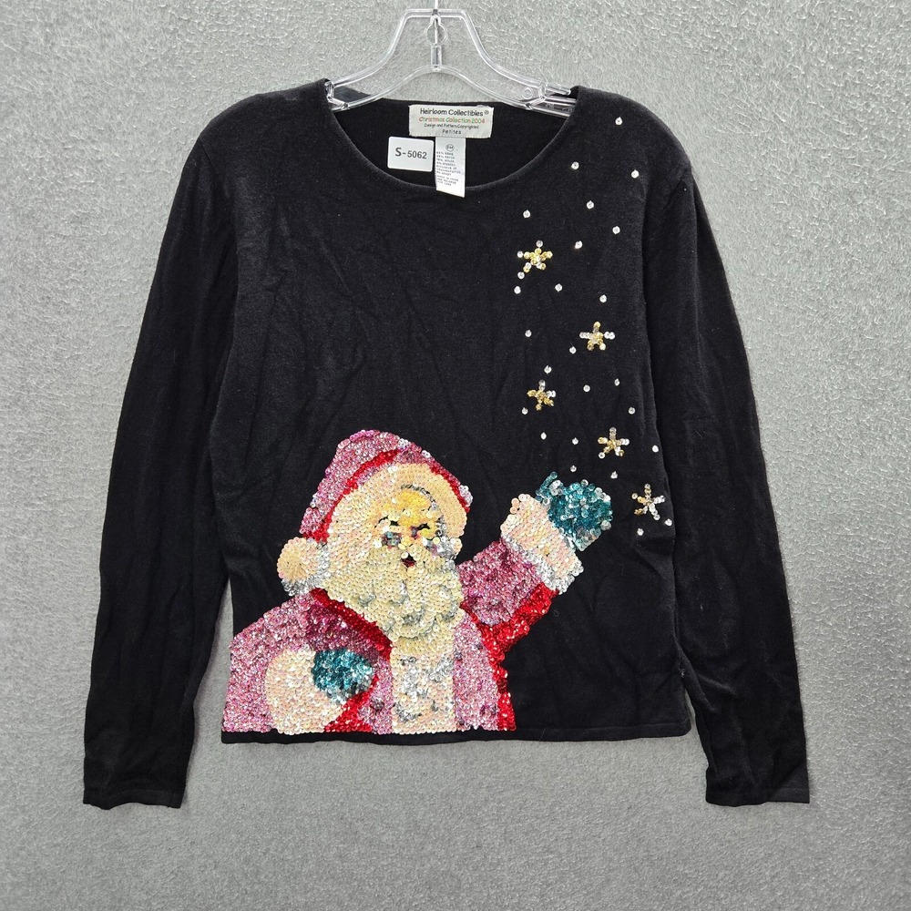 VINTAGE Heirloom Collectibles Women Sweater Medium Petite Black Santa Sequins